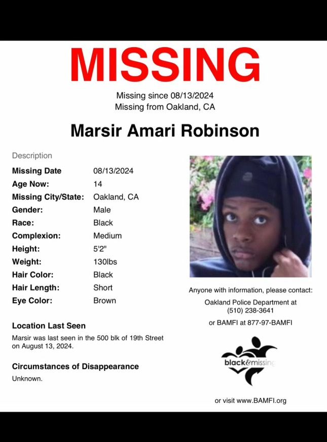 Bring Marsir Amari Robinson home now! Press Conference Thursday September 19, 1 PM PST, 2723 San Pablo Av, Oakland